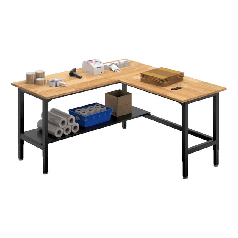 4Dock Heavy-Duty L-Shaped Industrial Workbench with Steel Shelf (Black Frame)