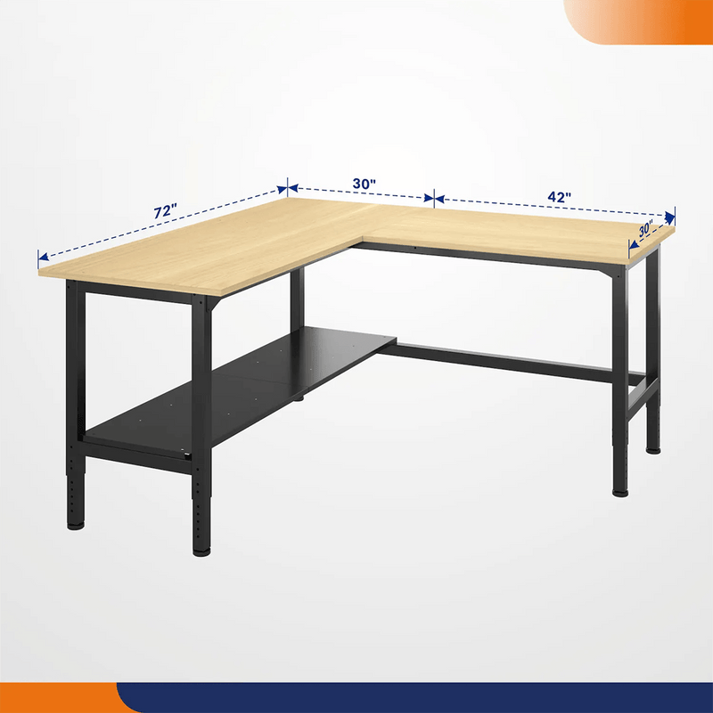 4Dock Heavy-Duty L-Shaped Industrial Workbench with Steel Shelf (Black Frame)