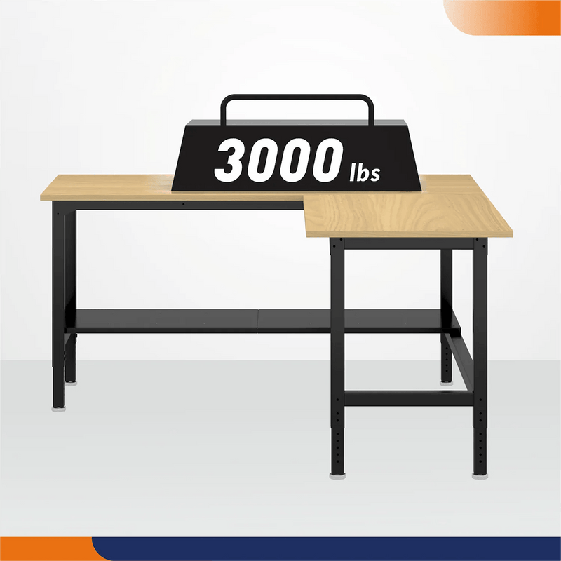 4Dock Heavy-Duty L-Shaped Industrial Workbench with Steel Shelf (Black Frame)