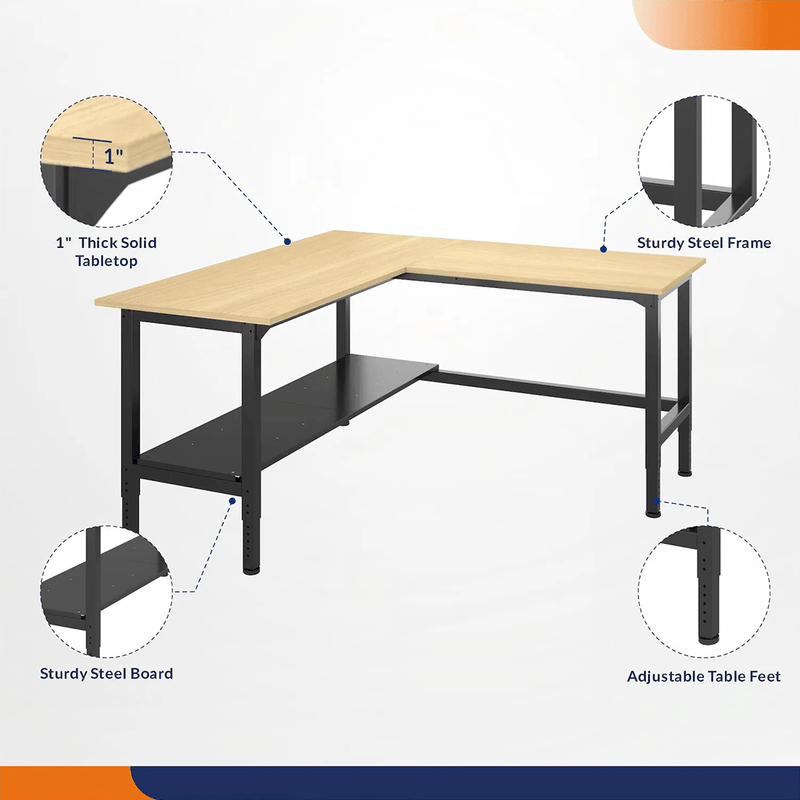 4Dock Heavy-Duty L-Shaped Industrial Workbench with Steel Shelf (Black Frame)