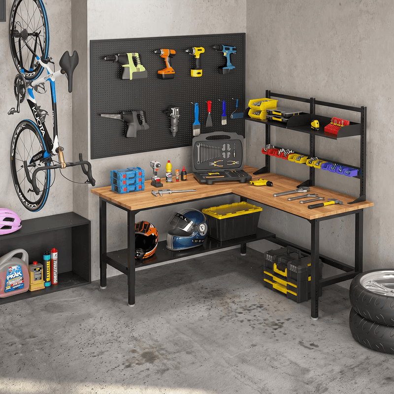 4Dock Heavy-Duty L-Shaped Industrial Workbench with Steel Shelf (Black Frame)
