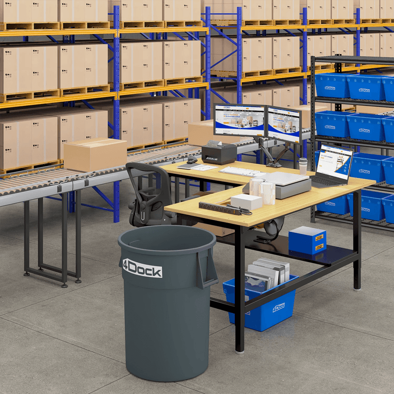 4Dock Heavy-Duty L-Shaped Industrial Workbench with Steel Shelf (Black Frame)