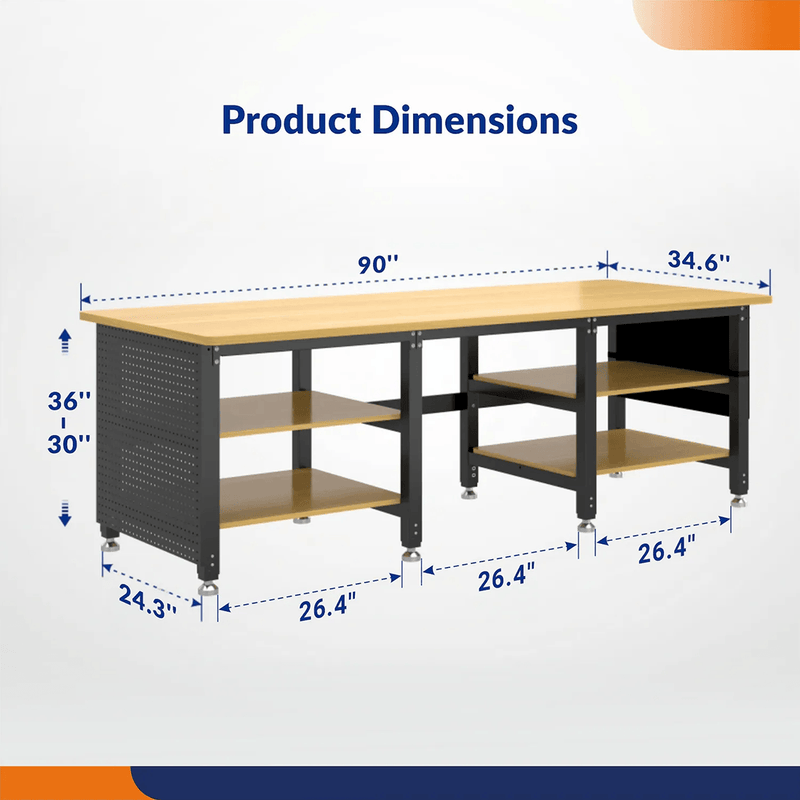 4Dock Heavy-Duty 90 x 34.6 Industrial Workbench with Wood Shelves (Black Frame)
