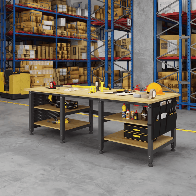 4Dock Heavy-Duty 90 x 34.6 Industrial Workbench with Wood Shelves (Black Frame)