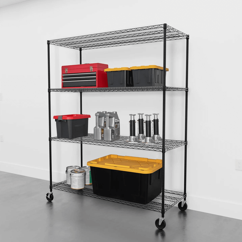 SafeRacks 24" x 60" x 72" Rolling 4-Tier Wire Shelving Rack (Black)