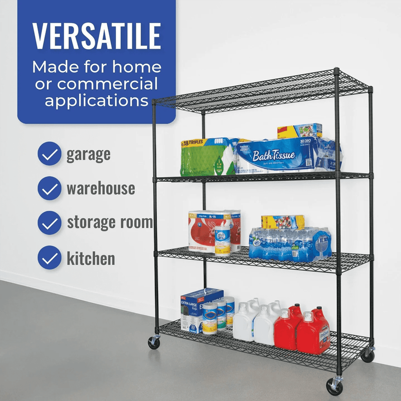 SafeRacks 24" x 60" x 72" Rolling 4-Tier Wire Shelving Rack (Black)