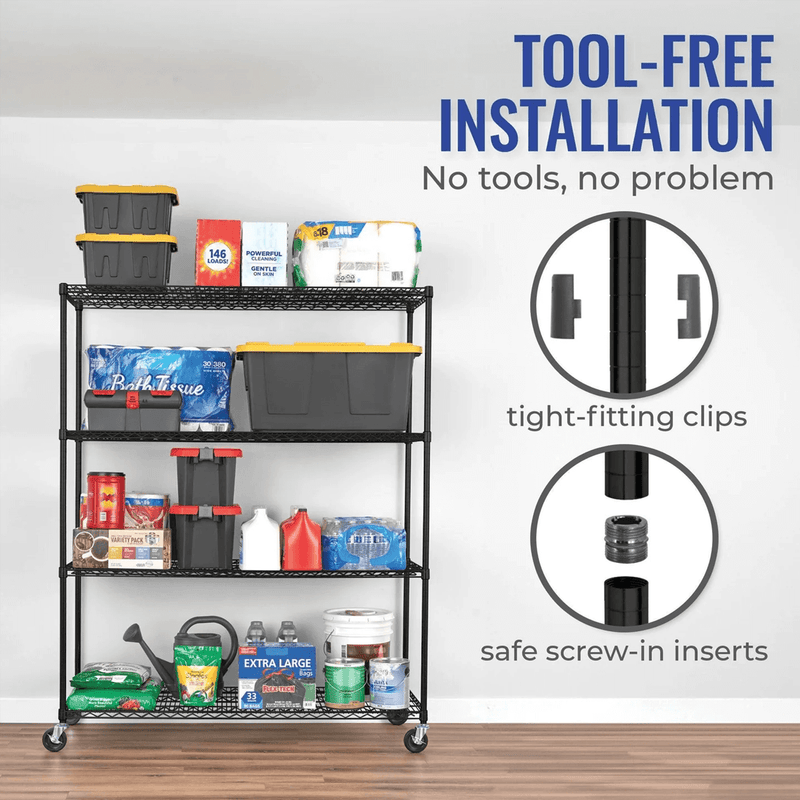 SafeRacks 24" x 60" x 72" Rolling 4-Tier Wire Shelving Rack (Black)