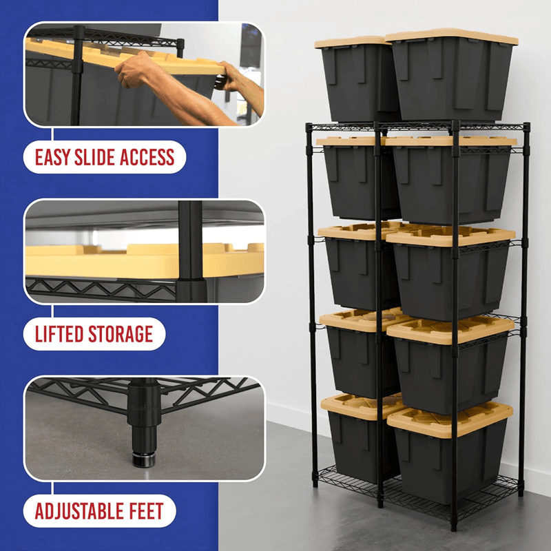 MonsterRAX 12 Gallon Storage Bin Rack with Yellow Lid Bins (Black)