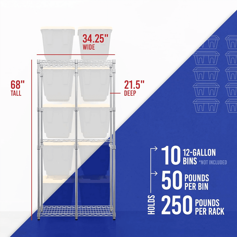 SafeRacks 12 Gallon Storage Bin Rack with Yellow Lid Bins (Zinc)