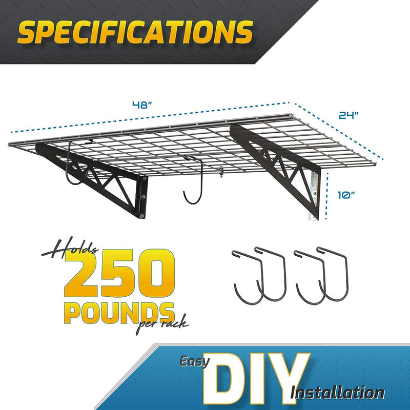 SafeRacks 24" x 48" Wall Mounted Garage Shelves with Hooks (Hammertone)
